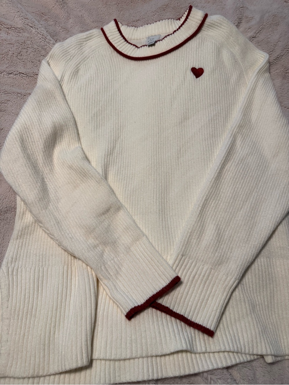 a new day Cream Crewneck Sweater with Burgundy Heart Trim